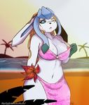  2016 anthro anthrofied areola arnachy beach big_breasts breasts clothed clothing eeveelution female glaceon hair hi_res long_hair navel nintendo nipples one_eye_closed open_mouth outside pok&eacute;mon seaside solo video_games 
