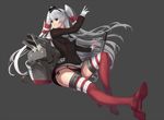  amatsukaze_(kantai_collection) black_panties gloves grey_background hair_ornament kantai_collection long_hair panties red_legwear side-tie_panties silver_hair simple_background solo striped striped_legwear thighhighs two_side_up underwear white_gloves yellow_eyes zealt 