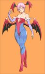  absurdres animal_print bare_shoulders bat_print bat_wings blue_legwear blush bridal_gauntlets cleavage_cutout collarbone commentary_request demon_girl flat_chest full_body goniataito head_wings highres leotard lilith_aensland looking_away pantyhose pink_hair print_legwear red_eyes red_leotard short_hair smile solo succubus vampire_(game) wings 