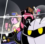  3boys artist_name blue_eyes holding holding_weapon king_dedede kirby kirby:_planet_robobot kirby_(series) mallet mecha meta_knight multiple_boys no_humans parody pink_hair robobot_armor robot style_parody susie_(kirby) tengen_toppa_gurren_lagann weapon yellow_eyes 