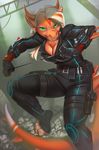  2016 anthro black_widow_(marvel) breasts claws cleavage clothed clothing cosplay dragon female green_eyes hair holding_object horn long_hair looking_at_viewer marvel miles_df multicolored_hair scalie skinsuit solo tight_clothing toe_claws two_tone_hair 