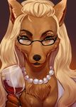  alcohol anthro beverage black_claws black_lips black_nose blonde_hair breasts brown_fur bust_portrait canine cheek_tuft chest_tuft claws cleavage clothed clothing digital_media_(artwork) digital_painting_(artwork) dzou ears_up eyebrows eyelashes eyewear female food fox front_view fur gem glasses gradient_background grin hair head_tilt hi_res holding_object humanoid_hands jewelry long_hair looking_at_viewer mammal mature_female necklace pearl_(gem) portrait seductive shaded shantika shirt simple_background slit_pupils snout tuft white_sclera wine wine_glass 