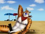  balls bandanna beach censored feline frosted_flakes lewysmcdonald&#039;s looking_at_viewer male mammal nipples outside pose reclining seaside signature solo spread_legs spreading tiger tony_the_tiger 