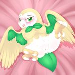  2016 avian bird blush camychan feathered_wings feathers female feral green_eyes hi_res looking_at_viewer lying nintendo on_back owl pok&eacute;mon pussy rowlet solo talons video_games wings 