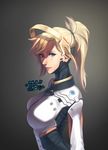  2016 artist_name black_background blonde_hair blue_eyes bodysuit breasts dated from_side gradient gradient_background headgear high_ponytail highres impossible_clothes impossible_shirt large_breasts lips mechanical_halo mercy_(overwatch) nose overwatch piyo_(pixiv_2308057) ponytail shirt short_hair signature simple_background smile solo upper_body 