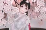  black_hair brown_eyes cherry_blossoms japanese_clothes kimono kyrie_meii long_hair original realistic watermark 