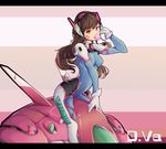  absurdres armor bangs bodysuit breasts brown_eyes brown_hair bubble_blowing character_name chewing_gum d.va_(overwatch) eyebrows eyebrows_visible_through_hair facial_mark gloves hand_to_head hand_up headphones high_collar highres letterboxed long_hair looking_at_viewer mecha medium_breasts meka_(overwatch) overwatch pauldrons pilot_suit solo whisker_markings white_gloves 