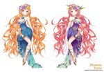  bare_shoulders blue_dress blush bracelet breasts cleavage copyright_name dress dual_persona flower hair_flower hair_ornament jewelry large_breasts leg_up long_dress long_hair looking_at_viewer monster_poker multiple_views official_art orange_hair original pearl pink_hair purple_dress side_slit standing thigh_strap variations veil very_long_hair wavy_hair white_background yeni 