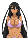  bare_shoulders bikini black_hair blue_eyes blush breasts captain_earth cleavage collarbone commentary_request cowboy_shot dark_skin groin halter_top halterneck highres large_breasts long_hair looking_at_viewer mutou_hana navel parumezan pink_bikini side-tie_bikini sidelocks smile solo swimsuit two_side_up v_arms very_long_hair 