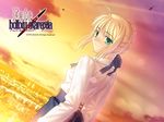  ahoge artoria_pendragon_(all) blonde_hair bow cityscape copyright_name dutch_angle fate/hollow_ataraxia fate/stay_night fate_(series) hair_bow long_sleeves saber smile solo sunset takeuchi_takashi wallpaper 