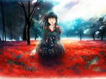  black_hair cartagra closed_eyes facing_viewer field flower flower_field hair_ribbon japanese_clothes kimono long_hair long_sleeves nature open_mouth ribbon rin_(cartagra) scenery simosi smile solo spider_lily tree wallpaper 