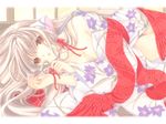  bangs blonde_hair breasts brown_eyes chii chobits clamp cleavage comic floral_print hair_ribbon highres japanese_clothes kimono long_hair long_sleeves looking_at_viewer lying medium_breasts off_shoulder on_side parted_lips ribbon solo thigh_gap very_long_hair 