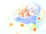  blanket blue_hair blush bobblehat closed_eyes floral_print gayarou kotonomiya_yuki long_sleeves multiple_girls on_bed orange_hair pajamas parted_lips pillow sleeping suigetsu wallpaper yamato_suzuran 