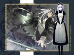  chain dress gekkou_no_carnevale long_hair maid maid_headdress oosaki_shin'ya pantyhose perla silver_hair solo standing wallpaper yellow_eyes 