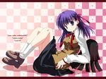  2005 blue_hair character_name checkered checkered_background fate/stay_night fate_(series) floral_background grey_eyes hair_ribbon highres ikegami_akane knees_up leaning_back long_sleeves looking_at_viewer matou_sakura ribbon skirt solo vest wallpaper 