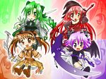  bat_wings blush bow_(weapon) chibi cierra_(riviera) detached_sleeves fia_(riviera) green_eyes green_hair hairband happy hat long_hair long_sleeves lyuri_(riviera) minami_(colorful_palette) multiple_girls orange_eyes orange_hair pink_eyes purple_eyes purple_hair red_hair riviera serene_(riviera) short_hair skirt twintails wallpaper weapon wings witch_hat zoom_layer 