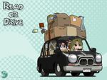  :d bag black_hair blonde_hair blue_eyes book box car cardboard_box chibi driving glasses ground_vehicle left-hand_drive long_hair michelle_cheung motor_vehicle multiple_girls nagian open_mouth polka_dot pun r.o.d_the_tv read_or_die reading smile spill wallpaper wavy_hair yellow_eyes yomiko_readman 