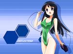  airbrush artist_request black_hair breasts casual_one-piece_swimsuit cleavage happy jinki long_hair medium_breasts one-piece_swimsuit open_mouth purple_eyes shadow smile solo standing swimsuit tsuzaki_aoba wallpaper zipper 
