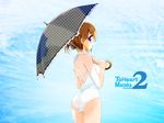 ass blue_eyes brown_hair casual_one-piece_swimsuit english folded_ponytail halterneck komaki_manaka looking_back one-piece_swimsuit profile qp:flapper solo swimsuit to_heart_2 umbrella wallpaper 