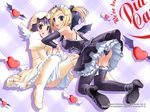  2girls angel_wings bat_wings black_dress black_legwear black_panties blonde_hair blue_eyes blue_hair bow detached_sleeves dress frills garter_belt hair_bow heart horiuchi_sana kneeling lingerie long_sleeves maid multiple_girls murakami_suigun panties pantyshot pantyshot_(sitting) petticoat pia_carrot_(series) pia_carrot_e_youkoso!! shoes short_hair short_twintails sitting skirt skirt_lift thighhighs twintails underwear waitress wallpaper white_dress white_legwear white_panties wings yaegashi_kanae 