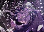  artist_request barasuishou brown_eyes cape closed_mouth collar copyright_name crystal dress expressionless flower_eyepatch fractal long_hair long_sleeves looking_at_viewer outstretched_arm purple_dress rozen_maiden shatter silver_hair solo very_long_hair wallpaper 