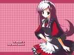  apron artist_request black_eyes character_name closed_mouth copyright_name expressionless flipped_hair hair_ornament hairclip hairpin hand_on_hip long_hair looking_at_viewer lucy_maria_misora maid_headdress neck_ribbon pink_hair puffy_sleeves red_eyes ribbon solo to_heart_2 waitress wallpaper 