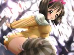  bare_tree breasts brown_eyes brown_hair brown_legwear dutch_angle highres impossible_clothes large_breasts long_sleeves looking_at_viewer nikaime petals plant short_hair simple_background solo striped striped_legwear thighhighs togusa_masamu tree zettai_ryouiki 