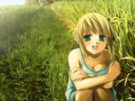  artist_request artoria_pendragon_(all) blonde_hair chemise fate/stay_night fate_(series) grass open_mouth saber sitting smile solo strap_slip 