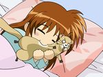  bangs biting brown_hair ferret highres lyrical_nanoha mahou_shoujo_lyrical_nanoha mahou_shoujo_lyrical_nanoha_a's sleepy solo takamachi_nanoha vector_trace wallpaper yuuno_scrya 