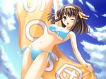  bikini brown_hair day short_hair solo suzumiya_haruhi suzumiya_haruhi_no_yuuutsu swimsuit towel uehiro 