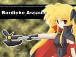  axe bardiche black_gloves blonde_hair cape character_name close-up copyright_name covered_navel face fate_testarossa gloves hair_ribbon highres holding holding_weapon long_hair looking_at_viewer lyrical_nanoha mahou_shoujo_lyrical_nanoha outstretched_arm polearm red_eyes ribbon skin_tight solo twintails upper_body very_long_hair wallpaper weapon 