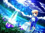  ahoge artoria_pendragon_(all) blonde_hair blue_eyes fate/stay_night fate_(series) flower nature onsokuzekuu saber scenery solo sword weapon 
