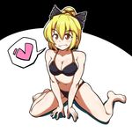  barefoot bikini black_bikini blonde_hair bow brown_eyes clenched_teeth full_body grin hair_bow heart kurodani_yamame midori_niku sitting smile solo spoken_heart swimsuit teeth touhou wariza 