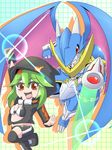  1girl armor bandai bikini_top blue_armor breasts chibi digimon digimon_story:_cyber_sleuth digimon_world_re:digitize dragon female full_armor green_hair horns looking_at_viewer monster royal_knights shinomiya_rina sweater ulforceveedramon wings 