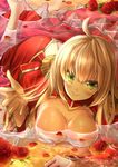  ahoge blonde_hair breasts dress epaulettes fate/extra fate_(series) flower green_eyes highres large_breasts long_hair lying mia_(gute-nacht-07) nero_claudius_(fate) nero_claudius_(fate)_(all) on_stomach partially_submerged petals petals_on_liquid red_dress rose rose_petals smile solo 