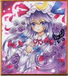  2016 bug butterfly coat colored_pencil_(medium) crescent dated dress flower hair_ribbon hat hat_ribbon insect lavender_eyes lavender_hair long_hair long_sleeves looking_at_viewer marker_(medium) mob_cap mosho open_clothes open_coat patchouli_knowledge petals purple_dress purple_flower purple_rose ribbon rose shikishi signature solo striped striped_dress touhou traditional_media tress_ribbon upper_body very_long_hair watercolor_(medium) 