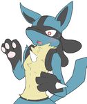  2016 anthro blush breasts featureless_breasts female fur lucario mammal nintendo pawpads pok&eacute;mon solo sweat video_games xan 