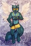  2016 anthro balls blue_fur blue_hair bulge canine chain clothed clothing eyewear fur garnetto gold_chain hair jewelry male mammal multi_wing necklace outlaw_wolfnix smile solo sunglasses teasing topless wings wolf 
