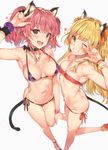  :d animal_ears armpits bangle bikini blonde_hair bracelet breasts brown_eyes cat_ears cat_tail choker earrings foreshortening from_side green_eyes hand_on_another's_hip heart heart_earrings high_heels highres idolmaster idolmaster_cinderella_girls jewelry jougasaki_mika jougasaki_rika large_breasts micro_bikini multiple_girls navel necklace no_socks one_eye_closed open_mouth pink_hair purple_bikini red_bikini shoes siblings side-tie_bikini sisters skindentation small_breasts smile swimsuit tail teeth v v_over_eye yuran 