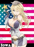  ;d american_flag blonde_hair blue_eyes breasts character_name cleavage elbow_gloves fingerless_gloves flag_background garter_straps gloves hair_between_eyes highres iowa_(kantai_collection) kantai_collection large_breasts long_hair miniskirt one_eye_closed open_mouth skirt smile solo star star-shaped_pupils symbol-shaped_pupils thighhighs tororo_ten 