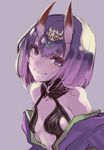  bare_shoulders breasts eyebrows eyebrows_visible_through_hair fang_out fate/grand_order fate_(series) highres horns japanese_clothes kimono looking_at_viewer oni oni_horns open_clothes open_kimono pokimari purple_background purple_eyes purple_hair revealing_clothes short_hair shuten_douji_(fate/grand_order) simple_background small_breasts smile solo upper_body 
