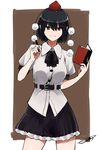  artist_name belt black_hair collared_shirt cowboy_shot dress_shirt eyebrows eyebrows_visible_through_hair hat looking_at_viewer miniskirt notebook pen pom_pom_(clothes) puffy_short_sleeves puffy_sleeves red_eyes shameimaru_aya shirt short_hair short_sleeves skirt smile solo tebukuro_withana tokin_hat touhou 