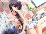  :o apron areolae ass black_hair breasts brown_eyes cooking dutch_angle game_cg hair_over_shoulder indoors kasuga_iori kitchen koku large_breasts long_hair looking_at_viewer looking_back mirai_nostalgia naked_apron official_art panties pot sideboob solo stirring underwear white_panties 