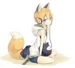  animal_ear_fluff animal_ears blonde_hair blue_eyes blush cable fox_ears fox_tail full_body gem headphones hood hood_down hoodie indian_style jewelry kuroino_(poco) looking_at_viewer necklace original poco_(asahi_age) shiratama_kitsune short_hair shorts simple_background sitting sleeveless sleeveless_hoodie socks solo tail tatami white_background 