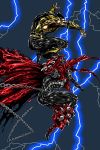  2boys black_gloves byakuren_(midwood) cape chains claws commentary crossover demon fingerless_gloves gauntlets gloves glowing glowing_eyes green_eyes highres image_comics male_focus mask mortal_kombat multiple_boys muscle ninja no_pupils red_eyes scorpion_(mortal_kombat) spawn spawn_(spawn) spikes superhero thunder translation_request 