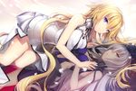  ahoge armor armored_dress bare_shoulders blonde_hair blue_eyes breasts chain cleavage commentary_request different_reflection dual_persona fate/apocrypha fate/grand_order fate_(series) grey_hair jeanne_d'arc_(alter)_(fate) jeanne_d'arc_(fate) jeanne_d'arc_(fate)_(all) kagachi_saku long_hair looking_at_viewer lying medium_breasts multiple_girls navel on_side petals reflection sleeveless smile yellow_eyes 