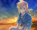  backlighting banned_artist blonde_hair blue_eyes blue_shirt blush closed_mouth collarbone earrings evening eyebrows jewelry kissai link long_sleeves looking_at_viewer male_focus over_shoulder pants pointy_ears ponytail shirt short_over_long_sleeves short_sleeves sitting sky smile solo star_(sky) starry_sky sunset the_legend_of_zelda the_legend_of_zelda:_breath_of_the_wild thick_eyebrows white_pants 