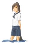  2016 alternate_costume arms_behind_back artist_name brown_eyes brown_hair dated hair_ornament hairclip i-401_(kantai_collection) kantai_collection kawashina_(momen_silicon) looking_at_viewer neckerchief pleated_skirt ponytail sailor_collar school_uniform serafuku short_hair signature simple_background skirt solo standing wading white_background 