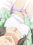  1girl breasts brown_hair casual cleavage fingering futaba_rio head_out_of_frame indoors jacket large_breasts long_hair long_sleeves lying masturbation mushiro_(nijie728995) navel on_back on_bed open_clothes open_jacket pubic_hair seishun_buta_yarou self_shot shirt shorts solo striped striped_shorts t-shirt tongue tongue_out white_shirt 