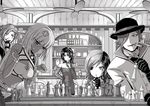  3girls anger_vein bangs bare_shoulders black_gloves blunt_bangs board_game bowler_hat breasts ceiling_fan chess chess_piece chessboard choker cigar cinder_fall cleavage clenched_hands covering_mouth dress drinking emerald_sustrai gloves greyscale hair_over_one_eye hand_on_hip hand_over_own_mouth hat heterochromia kaogei_moai laughing long_hair medium_breasts mercury_black monochrome multicolored_hair multiple_boys multiple_girls neo_(rwby) ponytail roman_torchwick rwby smoking smug strapless strapless_dress tearing_up two-tone_hair 